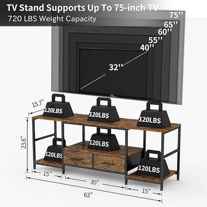 TV Stand for 75 Inch TV, TV Stands for Living Room with 2 Storage Drawers, Entertainment Center with Power Outlets, TV Stand for Bedroom, Television Stands, Brown/Black