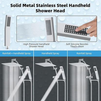 Hibbent All Metal 12'' Rainfall Shower Head, Dual Shower Head Combo, High Pressure Handheld Shower Wand, 16'' Adjustable Arc-shaped Shower Extension Arm, 71'' Hose, Showerhead Holder, Chrome