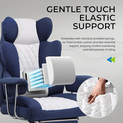 GTRACING Gaming Chair,Office Chair with Pocket Spring Lumbar Support, Ergonomic Comfortable Wide Office Desk Computer Chair with Outward Fixed Soft Armrests and Footrest (Fabric, Dark Blue & White)