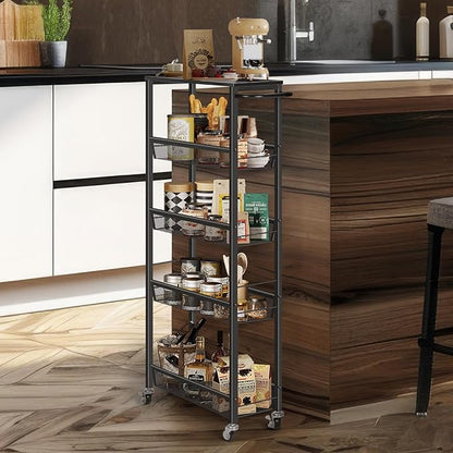 MOOACE Slim Storage Cart, 5 Tier Kitchen Rolling Carts with Wheels, Metal Narrow Cart Utility Cart Mobile Shelving Unit for Bathroom Organizer Kitchen Office Laundry Room, Black