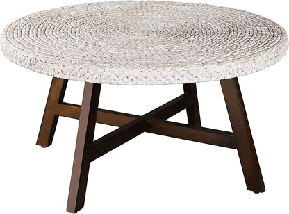 Round Coffee Table,RANDEFURN Seagrass Coffee Tables,Pine Wood X Base Frame Cocktail Table, Easy Assembled, Multiple Sizes for Living Room, Solid Wood Table,32 x 17 Inches,Whitewash