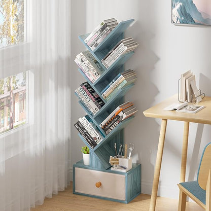 8 Tier Tree Bookshelf with Drawer, Free Standing Wood Bookcase for Narrow Space, Storage Organizer Bookshelves for Books, Book Case for Home Office, Living Room, Bedroom, Navy Blue