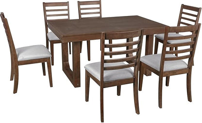 Merax 7 Piece Extendable Wooden Dining Table Set, Farmhouse Extendable with 18" Move Leaf, 78" Rustic and 6 Upholstered Chairs for Kitchen Room, Brown