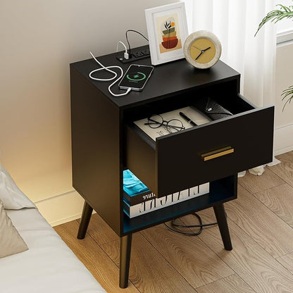 Nightstand with Charging Station and LED Lights, Small Side Table, Bedside Table with Drawer, Modern Night Stand, End Table for Bedroom, Living Room (Black)