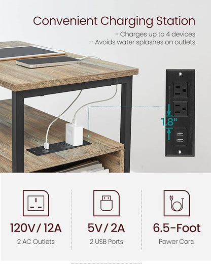 VASAGLE Side Table with Charging Station, Narrow End Table with 2 Drawers, Slim Nightstand and Bedside Table with Storage, for Small Spaces, Oak with Blue Grains and Black ULET321B60