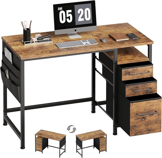Ｍａｉｈａｉｌ Maihail Small Desk with Drawers, 40 inch Computer Desk with Shelves, Writing Desk with Storage, Small Office Desk with Metal Frame, Rustic Brown2