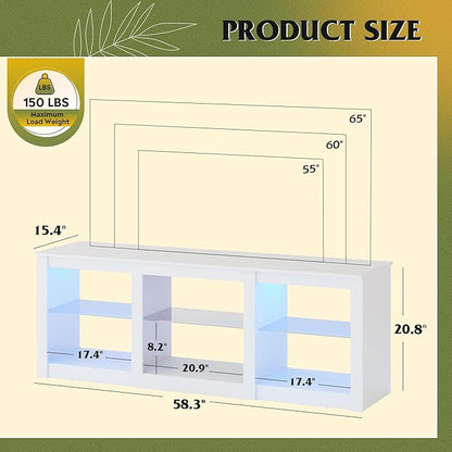 WLIVE LED TV Stand for 65 Inch TV, Modern Entertainment Center with Adjustable Glass Shelves & Customizable LED Lights, Sturdy Media Console for Living Room, Bedroom,Gaming (White)