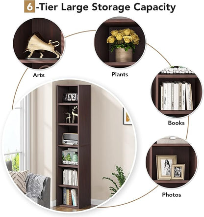LITTLE TREE 70.9 Inch Tall Narrow Bookcase, Corner Bookshelf 6 Tier Cube Display Shelf Storage Organizer for Small Space, Brown