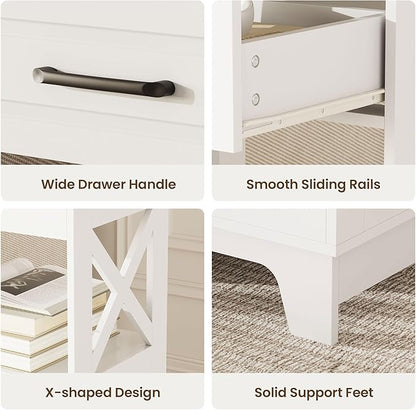 Tall Nightstand Set of 2 Side Table with 2 Drawers Modern Night Stand Wooden End Table Bedside Table with Upper Open Shelf Solid Feet for Bedroom, Living Room, White