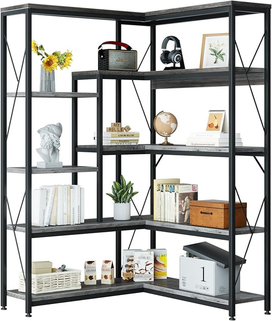 Shintenchi 5 Tiers Corner Bookshelf, 70.86" Tall L-Shaped Bookcase, Large Corner Etagere Bookcase, Corner Shelf Display Storage Rack with Metal Frame for Living Room Home Office, Grey