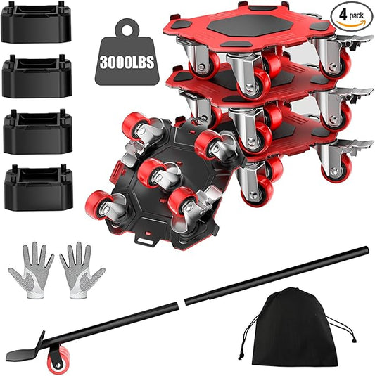 Furniture Dolly & Movers 4-Pack 3000lbs - Heavy Duty Interlocking Furniture Sliders with No Scratch Design, Safe for Hardwood Floors, for Sofa/Refrigerator/Piano Moving (Red, 7in)