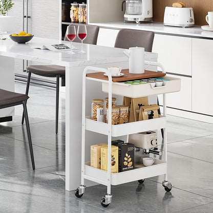 TOOLF 3-Tier Metal Utility Rolling Cart with Drawer & Wooden Table Top, Storage Cart White Trolley Kitchen Organizer Rolling Desk with Locking Wheels for Office, Classroom, Dorm, Bedroom