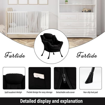 Lazy Chair for Living Room, Modern Accent Chairs with Armrests, Comfy Lounge Chair with Side Pocket, Cozy Lazy Sofa for Reading, Balcony, Bedroom, Dorm, Small Spaces (Black)