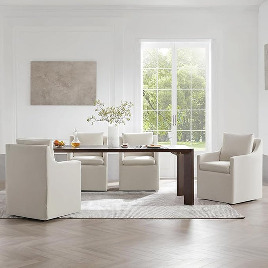 Upholstered Dining Chairs with Casters Washable Cover Side Deskchair with Rollers for Diningroom, Living Room, Flax Beige, 4 Box