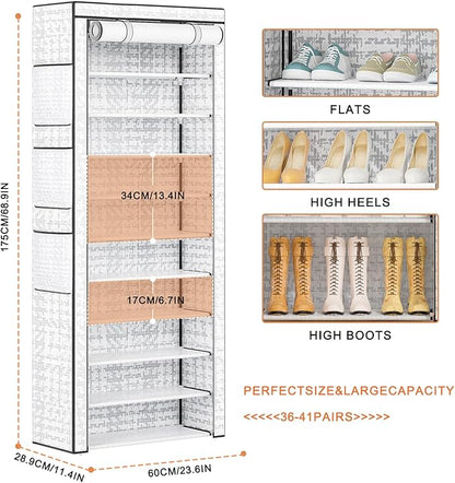 Shoes Rack 10 Tier Tall Shoe Rack with Storage Pockets, Fabric Covered Shoe Racks,Metal Shoes Rack Organizer for Closets,Bedroom, Garage