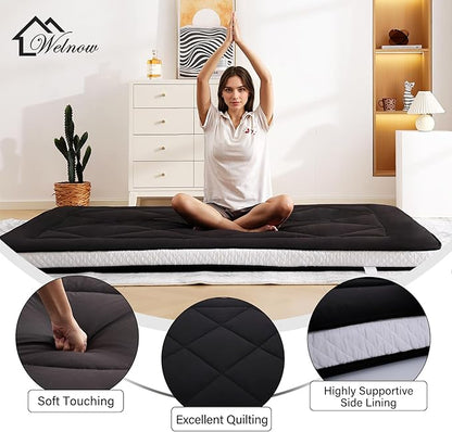 Welnow Japanese Futon Floor Mattress, Thick Full Size Tatami Mat Portable & Foldable Roll Up Floor Bed Mattress with Storage Bag, Sleeping Pad for Adults, Dorm, Guest Bed, Camping and Travel, Black