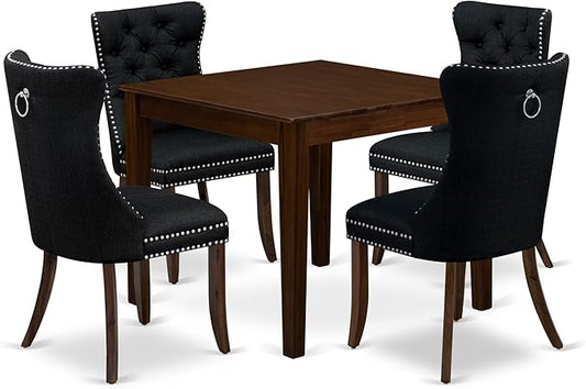 East West Furniture OXDA5-AWA-24 5 Piece Dining Table Set Consists of a Square Modern Kitchen Table and 4 Polyester Fabric Upholstered Parson Chairs, 36x36 Inch, Antique Walnut