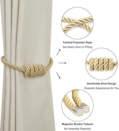 BEL AVENIR Magnetic Curtain Tiebacks, Decorative Drapery Holdbacks Modern Woven Tie-Backs with Exquisite Knot (Gold, 6 Pack)