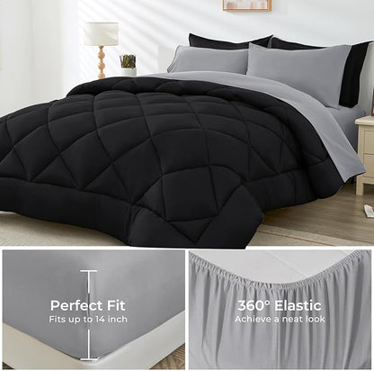 HEVUMYI Cali-King Comforter Set - 7-Piece All Season Bed in a Bag Cali-King, Ultra Soft Bedding Set with Comforter, Flat Sheet, Fitted Sheet, Pillowcases, Pillow Shams, Black & Light Grey