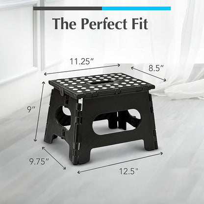 Handy Laundry Folding Step Stool - Sturdy Enough Collapsible Stool to Support Adults and Safe Enough for Kids - Opens Easy with One Flip - Great for Kitchen, Bathroom or Bedroom (Black - 9 Inch)