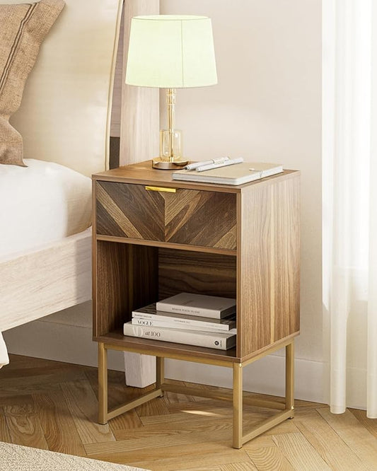 Nightstand, Boho Night Stand Wood Farmhouse Bedside Table with Storage, End Side Table for Bedroom,Living Room,Walnut