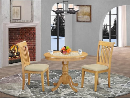 East West Furniture ANPO3-OAK-C 3 Piece Kitchen Table & Chairs Set Contains a Round Dining Room Table with Pedestal and 2 Linen Fabric Upholstered Chairs, 36x36 Inch, Oak