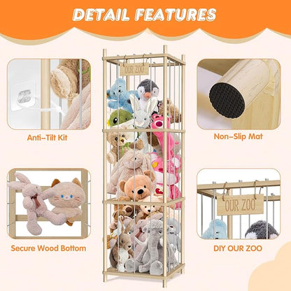 Stuffed Animal Storage, Wood Stuffed Animal Zoo Storage, 54 inch Large Plushy Organizers, Space Save Vertical Stuffed Animals Holder Holds 50+ Stuffed Animals for Nursery Playroom Bedroom (Log Color)