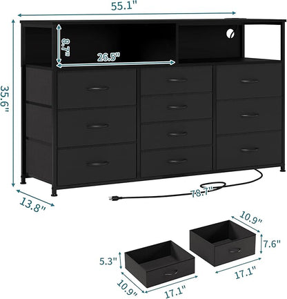 55W 10-Drawers Dresser with 2 Open Storage Shelves, TV Stand Dresser for 55,65 inch TV，with Power Outlets and LED Lights, Fabric Dressers Drawers for Bedroom, Living Room (Black)