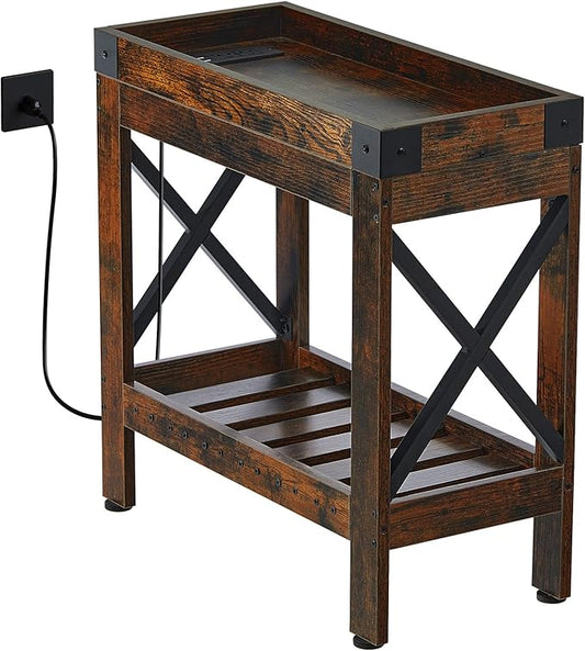 Narrow Side Table, Slim End Table with Charging Station for Small Spaces, with 2 USB and 2 Power Outlets, 21.7" L x 10" W x 21.7" H