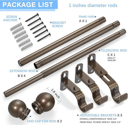 Curtain Rods for Windows 16 to 92 Inches, Curtain Rod Max Adjustable Length of 104 IN, 1" Diameter Drapery Rods Round Finials, Brown, Pack of 1