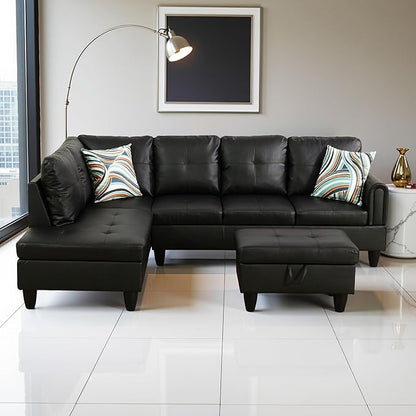 L Shaped Couch Faux Leather Sectional Couch Upholstered 3 Pieces Sofas for Living Room with Chaise, Storage Ottoman for Office and Small Apartment, Classic Black