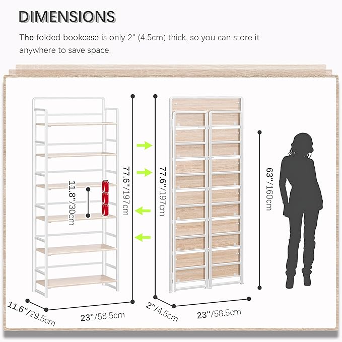 4NM No-Assembly 6 Tiers Folding Bookshelf Storage Shelves Vintage Bookcase Standing Racks Study Organizer Home Office (Natural White)