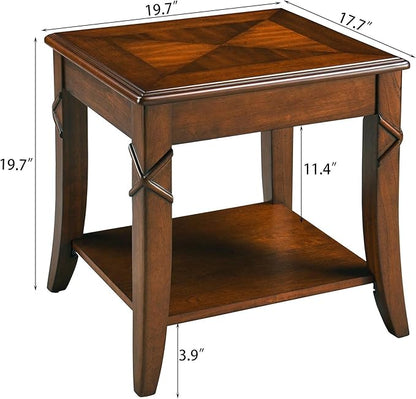 Mid-Century Modern Coffee Table Set of 3, 3-Piece Solid Wood Living Room Table Set, Coffee Table with 2 Square End Side Tables, Cherry Walnut Home Furniture for Apartment KFZ-DR200-3