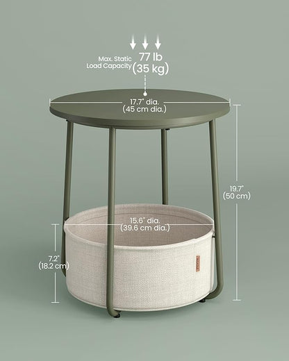 VASAGLE Small Round Side End Table, Modern Nightstand with Fabric Basket, Forest Green and Cream White ULET223C80