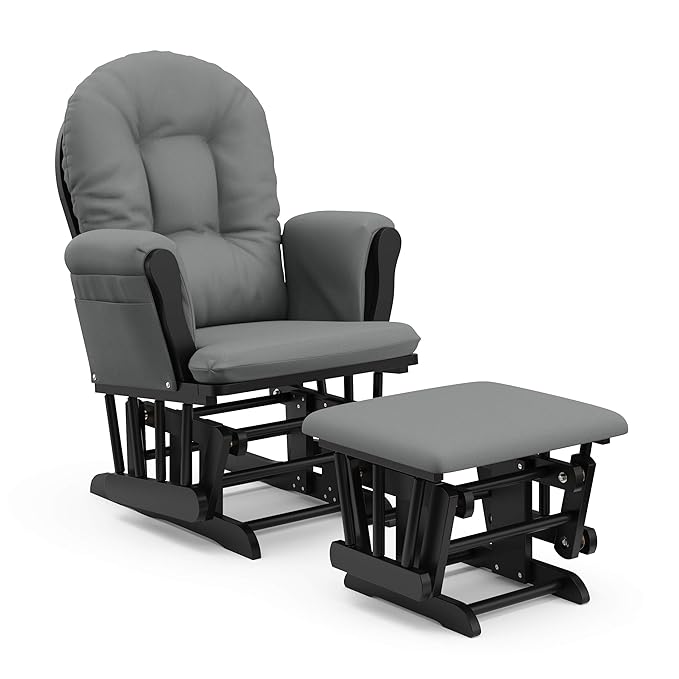 Storkcraft Premium Hoop Glider & Ottoman (Black with Gray) — GREENGUARD Gold Certified, Solid Wood Craftsmanship, Convenient Storage Pockets, Smooth-Gliding Chair for Nursery, Multi-Award-Winning