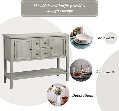 Merax Modern Wood Buffet Table with Storage Shelf, 2 Drawers and 2 Cabinets Buffet Coffee Bar Cabinet for Living Room Dinning Room Kitchen (Antique Gray)