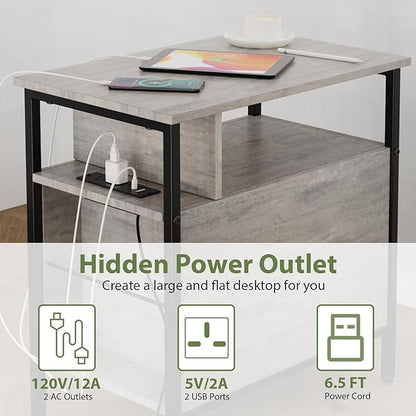 End Table with Charging Station, Narrow Side Table with 2 Fabric Drawer & Storage Shelf, USB Ports & Power Outlets, Narrow Nightstand for Bedroom Living Room Small Spaces, Greige