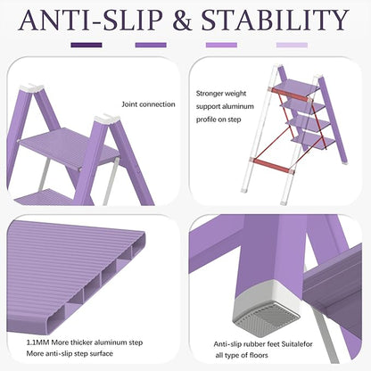 Lightweight Folding Step Ladder Household, Aluminum 4 Step Ladder Foldable for Home, Sturdy Step Stool for Adults 330 Lbs - Purple