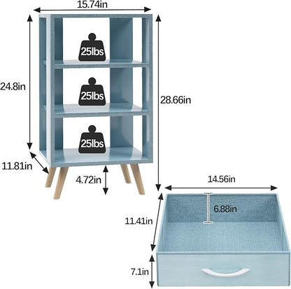Night Stand, Blue Kids Nightstand with Drawer, Nursery Side Table with Open Storage, 3-Tier Modern End Table, Bedside Table for Small Space, Living Room, Bedroom