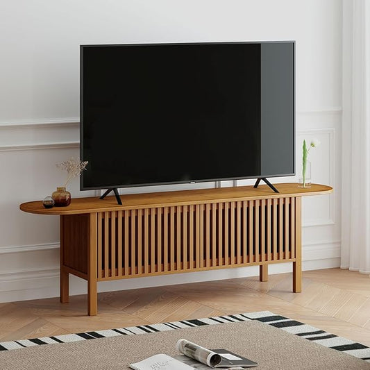 HollyHOME Bamboo TV Stand with Storage for TVs up to 65", Modern Entertainment Center with Fence Door, Accent TV Table with 2 Shelf, Media Console TV Stand for Living Room, Bedroom, Walnut