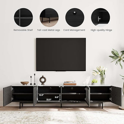 POVISON Mid Century Modern Sintered Stone TV Stand, Slatted Media Console TV Cabinet with Tall-cast Metal Legs, Fluted Entertainment Center with Storage, Fully-Assembled (Black, 94.49")