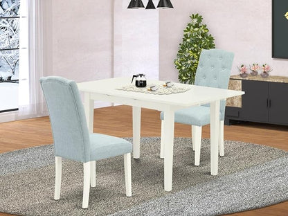 East West Furniture NOCE3-LWH-15 3 Piece Dining Table Set Contains a Rectangle Dining Room Table with Butterfly Leaf and 2 Baby Blue Linen Fabric Parsons Chairs, 32x54 Inch, Linen White