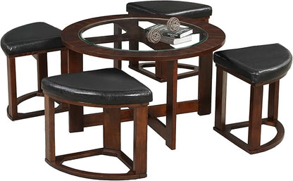 Roundhill Furniture Cylina Solid Wood Glass Top Round Coffee Table with 4 Stools, Espresso