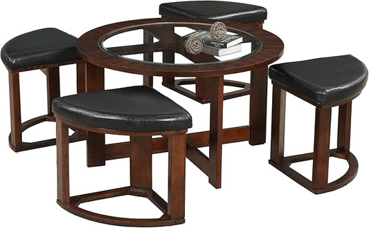 Roundhill Furniture Cylina Solid Wood Glass Top Round Coffee Table with 4 Stools, Espresso