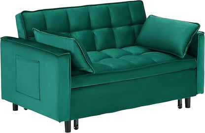Ball & Cast Convertible Sofa Bed,Pull Out Loveseat Sleeper Sofa,Convertible Pull Out Couch W/ 2 Pillows,Adjustable Backrest & Side Pocket,Corduroy Futon Couches for Living Room,Apartment,Green,55"