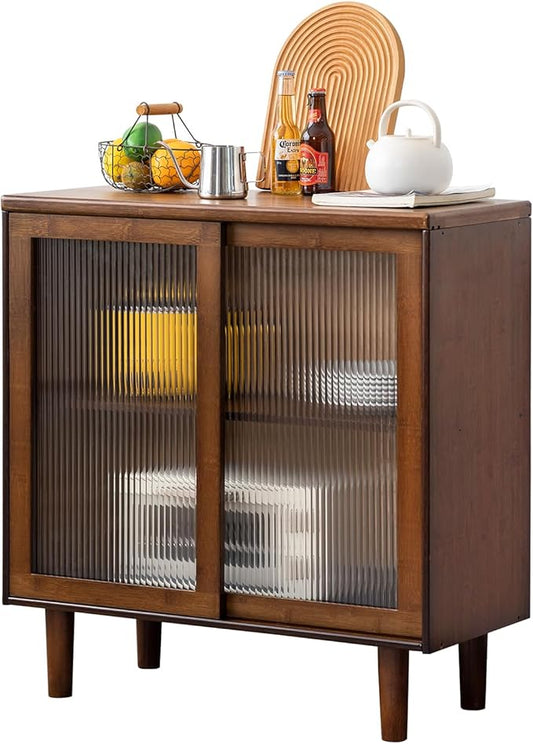 Tiita Bamboo Sideboard Buffet Cabinet, Rattan Kitchen Storage Cabinet, Boho Coffee Bar Tables for Kitchen Living Room Hallway Office, Walnut