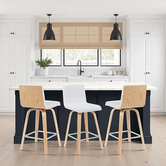 Vienna Modern Counter Height Swivel Bar Stool with White Faux Leather Seat and Patterned Oak Wood Frame Set of 3
