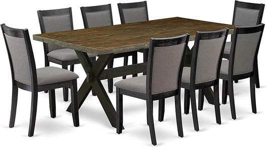 East West Furniture X677MZ650-9 9 Piece Dining Set Includes a Rectangle Dining Room Table with X-Legs and 8 Dark Gotham Grey Linen Fabric Upholstered Chairs, 40x72 Inch, Multi-Color