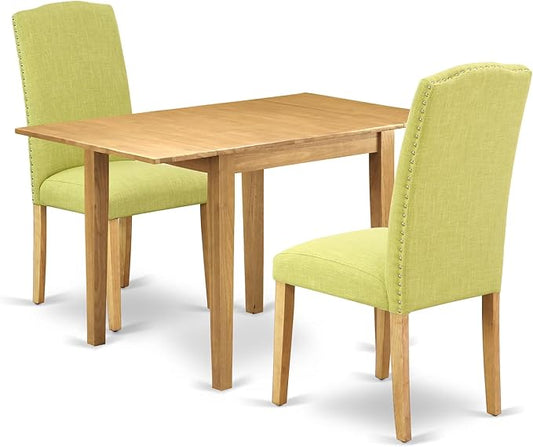 East West Furniture NDEN3-OAK-07 3 Piece Dinette Set for Small Spaces Contains a Rectangle Dining Table with Dropleaf and 2 Limelight Linen Fabric Parson Chairs, 30x48 Inch, Oak