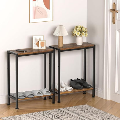Narrow Side Table for Small Space, 2-Tier Small End Table with Shelf Holder, Slim Nightstand, Skinny Snack Couch Table in Living Room, Bedroom, Study, Kitchen and Balcony (Rustic Brown)